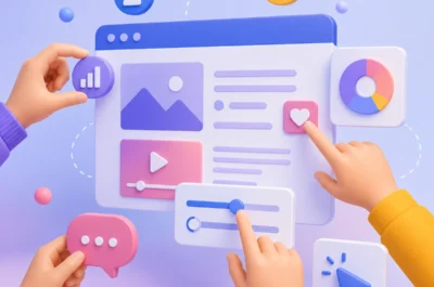 Modernes, pastellfarbenes 3D-Illustrationsmotiv einer Benutzeroberfläche mit schwebenden interaktiven Elementen wie Buttons, Schiebereglern, Diagrammen und Icons, die von mehreren Händen bedient werden und spielerisch Nutzerinteraktion darstellen.