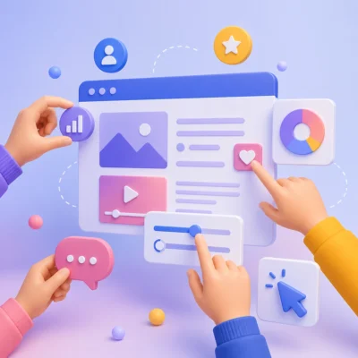 Modernes, pastellfarbenes 3D-Illustrationsmotiv einer Benutzeroberfläche mit schwebenden interaktiven Elementen wie Buttons, Schiebereglern, Diagrammen und Icons, die von mehreren Händen bedient werden und spielerisch Nutzerinteraktion darstellen.