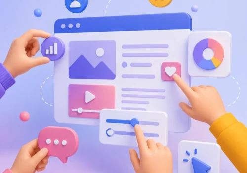 Modernes, pastellfarbenes 3D-Illustrationsmotiv einer Benutzeroberfläche mit schwebenden interaktiven Elementen wie Buttons, Schiebereglern, Diagrammen und Icons, die von mehreren Händen bedient werden und spielerisch Nutzerinteraktion darstellen.