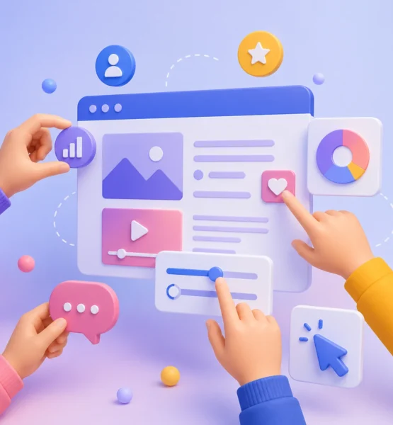 Modernes, pastellfarbenes 3D-Illustrationsmotiv einer Benutzeroberfläche mit schwebenden interaktiven Elementen wie Buttons, Schiebereglern, Diagrammen und Icons, die von mehreren Händen bedient werden und spielerisch Nutzerinteraktion darstellen.