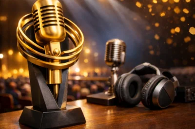 Goldene Mikrofon-Trophäe auf einer Bühne mit warmem Licht, daneben Kopfhörer und ein weiteres Mikrofon vor unscharfem Publikumshintergrund.
