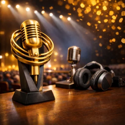 Goldene Mikrofon-Trophäe auf einer Bühne mit warmem Licht, daneben Kopfhörer und ein weiteres Mikrofon vor unscharfem Publikumshintergrund.