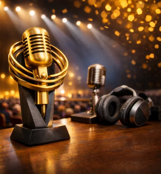 Goldene Mikrofon-Trophäe auf einer Bühne mit warmem Licht, daneben Kopfhörer und ein weiteres Mikrofon vor unscharfem Publikumshintergrund.