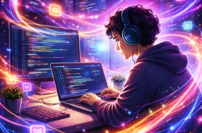 Eine Person mit Kopfhörern sitzt konzentriert am Laptop, während leuchtende, farbige Lichtströme und Codefragmente um sie herumwirbeln und den kreativen Flow des Programmierens visuell darstellen.