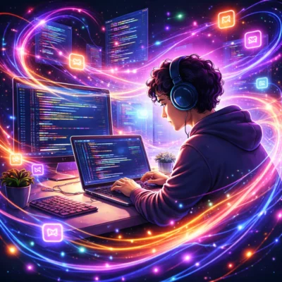 Eine Person mit Kopfhörern sitzt konzentriert am Laptop, während leuchtende, farbige Lichtströme und Codefragmente um sie herumwirbeln und den kreativen Flow des Programmierens visuell darstellen.