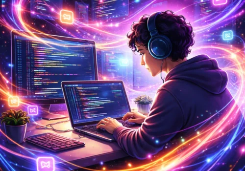 Eine Person mit Kopfhörern sitzt konzentriert am Laptop, während leuchtende, farbige Lichtströme und Codefragmente um sie herumwirbeln und den kreativen Flow des Programmierens visuell darstellen.