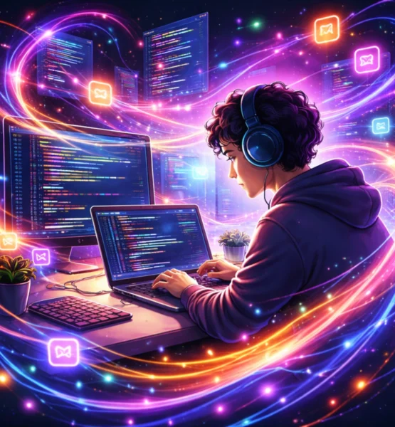 Eine Person mit Kopfhörern sitzt konzentriert am Laptop, während leuchtende, farbige Lichtströme und Codefragmente um sie herumwirbeln und den kreativen Flow des Programmierens visuell darstellen.