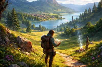 Ein einzelner Abenteurer mit Rucksack steht auf einem sonnigen Hügel und blickt auf eine weitläufige, idyllische Landschaft mit Fluss, Bergen und einem kleinen Dorf; im Vordergrund führen ein schmaler Pfad und eine rauchende Feuerstelle durch blühendes Gras und Felsen.