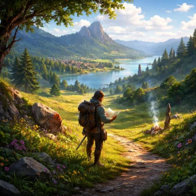 Ein einzelner Abenteurer mit Rucksack steht auf einem sonnigen Hügel und blickt auf eine weitläufige, idyllische Landschaft mit Fluss, Bergen und einem kleinen Dorf; im Vordergrund führen ein schmaler Pfad und eine rauchende Feuerstelle durch blühendes Gras und Felsen.