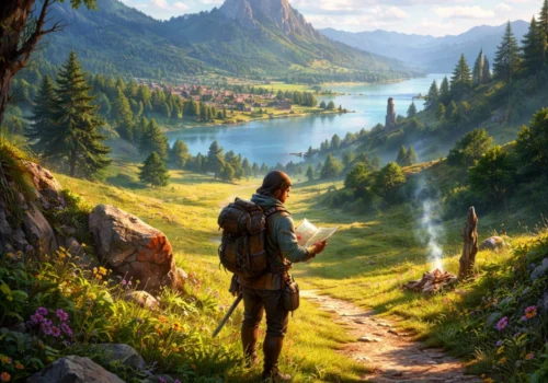 Ein einzelner Abenteurer mit Rucksack steht auf einem sonnigen Hügel und blickt auf eine weitläufige, idyllische Landschaft mit Fluss, Bergen und einem kleinen Dorf; im Vordergrund führen ein schmaler Pfad und eine rauchende Feuerstelle durch blühendes Gras und Felsen.