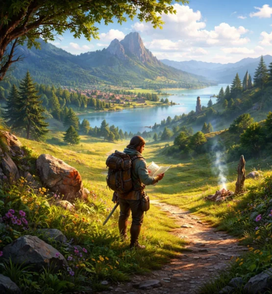 Ein einzelner Abenteurer mit Rucksack steht auf einem sonnigen Hügel und blickt auf eine weitläufige, idyllische Landschaft mit Fluss, Bergen und einem kleinen Dorf; im Vordergrund führen ein schmaler Pfad und eine rauchende Feuerstelle durch blühendes Gras und Felsen.
