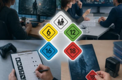 Collageartiges 1:1-Bild aus einer modernen Büroumgebung rund um die Altersfreigabe von Videospielen: Oben links spielt eine Person ein düsteres Game am Monitor, oben rechts diskutiert ein Team Spielszenen auf einem Bildschirm. In der Mitte schweben farbige Alterskennzeichen (0, 6, 12, 16, 18). Unten links wird ein Bewertungsbogen mit Symbolen – darunter eine detaillierte Spritze – ausgefüllt. Unten rechts hält eine Hand eine Spielehülle, auf die ein roter „18“-Aufkleber angebracht wird.