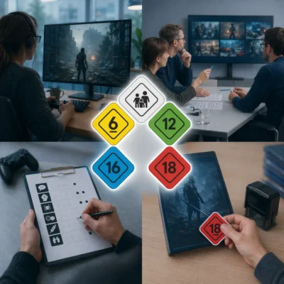 Collageartiges 1:1-Bild aus einer modernen Büroumgebung rund um die Altersfreigabe von Videospielen: Oben links spielt eine Person ein düsteres Game am Monitor, oben rechts diskutiert ein Team Spielszenen auf einem Bildschirm. In der Mitte schweben farbige Alterskennzeichen (0, 6, 12, 16, 18). Unten links wird ein Bewertungsbogen mit Symbolen – darunter eine detaillierte Spritze – ausgefüllt. Unten rechts hält eine Hand eine Spielehülle, auf die ein roter „18“-Aufkleber angebracht wird.