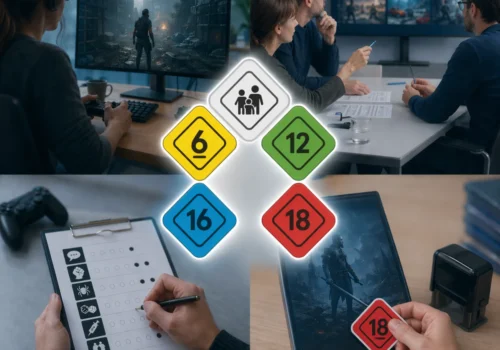 Collageartiges 1:1-Bild aus einer modernen Büroumgebung rund um die Altersfreigabe von Videospielen: Oben links spielt eine Person ein düsteres Game am Monitor, oben rechts diskutiert ein Team Spielszenen auf einem Bildschirm. In der Mitte schweben farbige Alterskennzeichen (0, 6, 12, 16, 18). Unten links wird ein Bewertungsbogen mit Symbolen – darunter eine detaillierte Spritze – ausgefüllt. Unten rechts hält eine Hand eine Spielehülle, auf die ein roter „18“-Aufkleber angebracht wird.