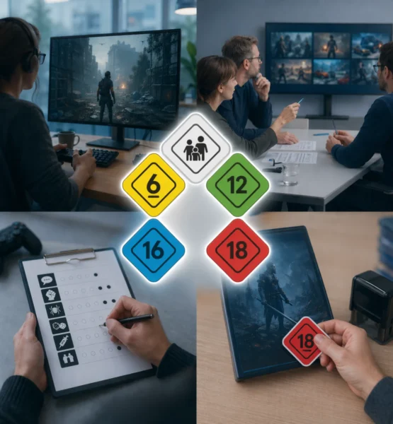 Collageartiges 1:1-Bild aus einer modernen Büroumgebung rund um die Altersfreigabe von Videospielen: Oben links spielt eine Person ein düsteres Game am Monitor, oben rechts diskutiert ein Team Spielszenen auf einem Bildschirm. In der Mitte schweben farbige Alterskennzeichen (0, 6, 12, 16, 18). Unten links wird ein Bewertungsbogen mit Symbolen – darunter eine detaillierte Spritze – ausgefüllt. Unten rechts hält eine Hand eine Spielehülle, auf die ein roter „18“-Aufkleber angebracht wird.