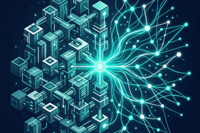 Prompt: Erstelle ein professionelles, abstraktes Titelbild für einen B2B-Tech-Artikel. Linke Bildhälfte: modulare, geometrische Blöcke die ineinandergreifen, symbolisiert Kontrolle und Struktur (On-Premise). Rechte Bildhälfte: fließende Knotenpunkte mit leuchtenden Verbindungslinien, symbolisiert Vernetzung und Skalierbarkeit (Cloud). Beide Hälften verbinden sich in der Bildmitte zu einem gemeinsamen Knotenpunkt. Dunkler Marine-Hintergrund, Akzentfarben Teal und Weiß, leicht isometrische Perspektive, cleaner technischer Illustrationsstil, keine Personen, kein Text im Bild, kein Serverraum, keine Wolken.