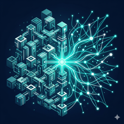 Prompt: Erstelle ein professionelles, abstraktes Titelbild für einen B2B-Tech-Artikel. Linke Bildhälfte: modulare, geometrische Blöcke die ineinandergreifen, symbolisiert Kontrolle und Struktur (On-Premise). Rechte Bildhälfte: fließende Knotenpunkte mit leuchtenden Verbindungslinien, symbolisiert Vernetzung und Skalierbarkeit (Cloud). Beide Hälften verbinden sich in der Bildmitte zu einem gemeinsamen Knotenpunkt. Dunkler Marine-Hintergrund, Akzentfarben Teal und Weiß, leicht isometrische Perspektive, cleaner technischer Illustrationsstil, keine Personen, kein Text im Bild, kein Serverraum, keine Wolken.