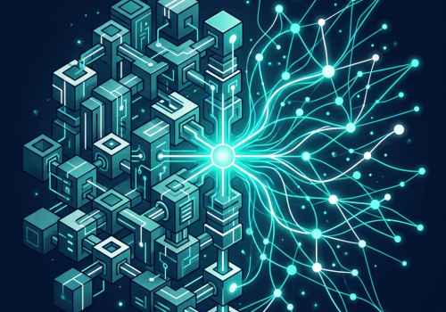 Prompt: Erstelle ein professionelles, abstraktes Titelbild für einen B2B-Tech-Artikel. Linke Bildhälfte: modulare, geometrische Blöcke die ineinandergreifen, symbolisiert Kontrolle und Struktur (On-Premise). Rechte Bildhälfte: fließende Knotenpunkte mit leuchtenden Verbindungslinien, symbolisiert Vernetzung und Skalierbarkeit (Cloud). Beide Hälften verbinden sich in der Bildmitte zu einem gemeinsamen Knotenpunkt. Dunkler Marine-Hintergrund, Akzentfarben Teal und Weiß, leicht isometrische Perspektive, cleaner technischer Illustrationsstil, keine Personen, kein Text im Bild, kein Serverraum, keine Wolken.