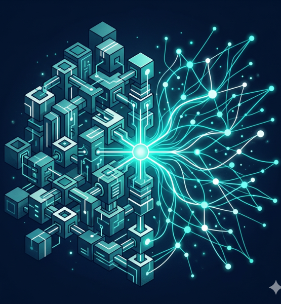 Prompt: Erstelle ein professionelles, abstraktes Titelbild für einen B2B-Tech-Artikel. Linke Bildhälfte: modulare, geometrische Blöcke die ineinandergreifen, symbolisiert Kontrolle und Struktur (On-Premise). Rechte Bildhälfte: fließende Knotenpunkte mit leuchtenden Verbindungslinien, symbolisiert Vernetzung und Skalierbarkeit (Cloud). Beide Hälften verbinden sich in der Bildmitte zu einem gemeinsamen Knotenpunkt. Dunkler Marine-Hintergrund, Akzentfarben Teal und Weiß, leicht isometrische Perspektive, cleaner technischer Illustrationsstil, keine Personen, kein Text im Bild, kein Serverraum, keine Wolken.
