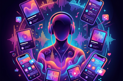 Erstelle ein lebendiges, modernes Titelbild zum Thema Musikstreaming und soziale Medien. Eine abstrakte Silhouette mit Kopfhörern in der Bildmitte, umgeben von schwebenden leuchtenden Elementen wie Soundwellen, Playlist-Karten und Smartphone-Screens. Farbpalette: tiefes Lila, Pink und Orange als Verlauf, dunkler Hintergrund, Neon-Akzente. Stil: digitale Illustration, modern und urban, leicht verspielt. Keine Logos, kein Text im Bild, keine realen Markennamen sichtbar.