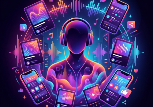Erstelle ein lebendiges, modernes Titelbild zum Thema Musikstreaming und soziale Medien. Eine abstrakte Silhouette mit Kopfhörern in der Bildmitte, umgeben von schwebenden leuchtenden Elementen wie Soundwellen, Playlist-Karten und Smartphone-Screens. Farbpalette: tiefes Lila, Pink und Orange als Verlauf, dunkler Hintergrund, Neon-Akzente. Stil: digitale Illustration, modern und urban, leicht verspielt. Keine Logos, kein Text im Bild, keine realen Markennamen sichtbar.