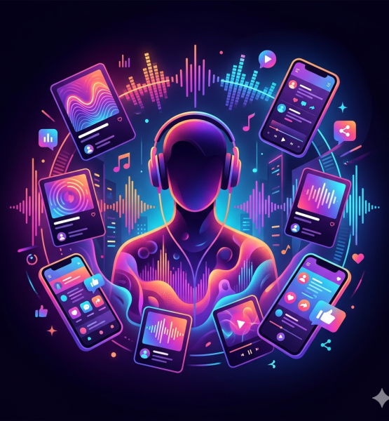 Erstelle ein lebendiges, modernes Titelbild zum Thema Musikstreaming und soziale Medien. Eine abstrakte Silhouette mit Kopfhörern in der Bildmitte, umgeben von schwebenden leuchtenden Elementen wie Soundwellen, Playlist-Karten und Smartphone-Screens. Farbpalette: tiefes Lila, Pink und Orange als Verlauf, dunkler Hintergrund, Neon-Akzente. Stil: digitale Illustration, modern und urban, leicht verspielt. Keine Logos, kein Text im Bild, keine realen Markennamen sichtbar.
