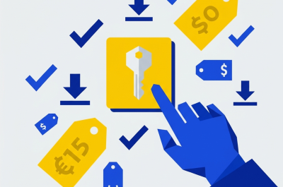 Flat design editorial illustration about buying digital software licenses online. A simple, bold composition showing a hand clicking a floating card or tile with a key icon, surrounded by minimalist price tags, checkmarks and download arrows. Clean white or light grey background, limited color palette with one or two accent colors like cobalt blue and yellow. Sharp geometric shapes, no gradients, no shadows. Editorial magazine style, no text in image, no logos.