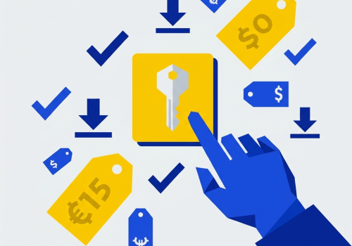 Flat design editorial illustration about buying digital software licenses online. A simple, bold composition showing a hand clicking a floating card or tile with a key icon, surrounded by minimalist price tags, checkmarks and download arrows. Clean white or light grey background, limited color palette with one or two accent colors like cobalt blue and yellow. Sharp geometric shapes, no gradients, no shadows. Editorial magazine style, no text in image, no logos.