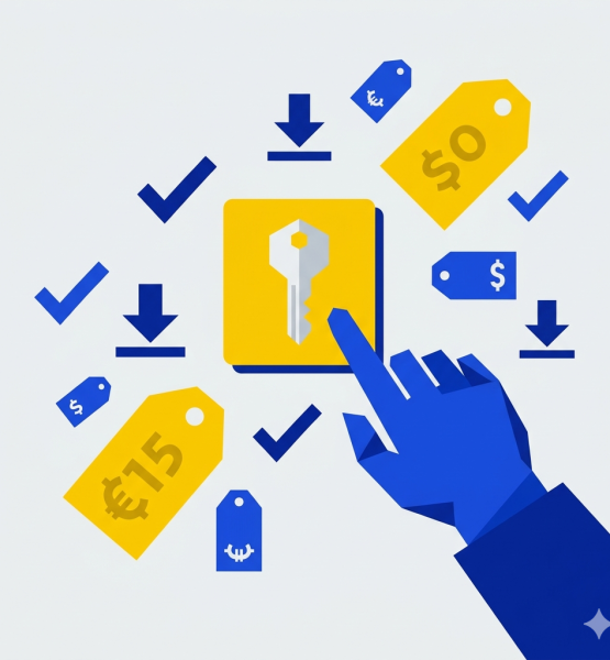 Flat design editorial illustration about buying digital software licenses online. A simple, bold composition showing a hand clicking a floating card or tile with a key icon, surrounded by minimalist price tags, checkmarks and download arrows. Clean white or light grey background, limited color palette with one or two accent colors like cobalt blue and yellow. Sharp geometric shapes, no gradients, no shadows. Editorial magazine style, no text in image, no logos.
