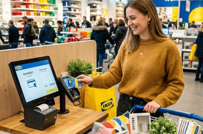 Ein Foto im quadratischen 1:1-Format zeigt eine junge Frau mit langen, hellbraunen Haaren und einem gelbbraunen Strickpullover, die lächelnd an einer Kasse in einer IKEA-Filiale bezahlt. Sie hält eine blau-gelbe Kundenkarte an ein Kartenlesegerät, das neben einem Touchscreen-Kassenterminal angebracht ist. Im Vordergrund steht ein Einkaufswagen, der mit einer blauen IKEA-Tasche gefüllt ist; darin befinden sich bunte Kissen, verpackte KALLAX-Zubehörteile, Gläser und eine kleine künstliche Pflanze. Im hell erleuchteten Hintergrund sind weitere Kunden, Regale voller bunter Produkte und Schilder mit Aufschriften wie „MARKTPLATZ“ und „WOHNZIMMER“ zu sehen.