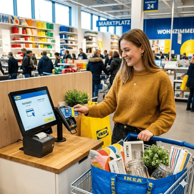 Ein Foto im quadratischen 1:1-Format zeigt eine junge Frau mit langen, hellbraunen Haaren und einem gelbbraunen Strickpullover, die lächelnd an einer Kasse in einer IKEA-Filiale bezahlt. Sie hält eine blau-gelbe Kundenkarte an ein Kartenlesegerät, das neben einem Touchscreen-Kassenterminal angebracht ist. Im Vordergrund steht ein Einkaufswagen, der mit einer blauen IKEA-Tasche gefüllt ist; darin befinden sich bunte Kissen, verpackte KALLAX-Zubehörteile, Gläser und eine kleine künstliche Pflanze. Im hell erleuchteten Hintergrund sind weitere Kunden, Regale voller bunter Produkte und Schilder mit Aufschriften wie „MARKTPLATZ“ und „WOHNZIMMER“ zu sehen.