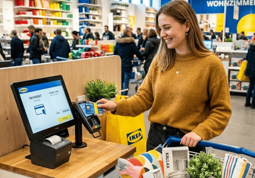 Ein Foto im quadratischen 1:1-Format zeigt eine junge Frau mit langen, hellbraunen Haaren und einem gelbbraunen Strickpullover, die lächelnd an einer Kasse in einer IKEA-Filiale bezahlt. Sie hält eine blau-gelbe Kundenkarte an ein Kartenlesegerät, das neben einem Touchscreen-Kassenterminal angebracht ist. Im Vordergrund steht ein Einkaufswagen, der mit einer blauen IKEA-Tasche gefüllt ist; darin befinden sich bunte Kissen, verpackte KALLAX-Zubehörteile, Gläser und eine kleine künstliche Pflanze. Im hell erleuchteten Hintergrund sind weitere Kunden, Regale voller bunter Produkte und Schilder mit Aufschriften wie „MARKTPLATZ“ und „WOHNZIMMER“ zu sehen.