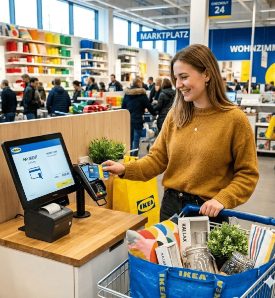 Ein Foto im quadratischen 1:1-Format zeigt eine junge Frau mit langen, hellbraunen Haaren und einem gelbbraunen Strickpullover, die lächelnd an einer Kasse in einer IKEA-Filiale bezahlt. Sie hält eine blau-gelbe Kundenkarte an ein Kartenlesegerät, das neben einem Touchscreen-Kassenterminal angebracht ist. Im Vordergrund steht ein Einkaufswagen, der mit einer blauen IKEA-Tasche gefüllt ist; darin befinden sich bunte Kissen, verpackte KALLAX-Zubehörteile, Gläser und eine kleine künstliche Pflanze. Im hell erleuchteten Hintergrund sind weitere Kunden, Regale voller bunter Produkte und Schilder mit Aufschriften wie „MARKTPLATZ“ und „WOHNZIMMER“ zu sehen.