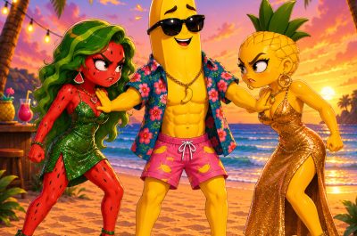 Eine anthropomorphe Banane hält eine ebenfalls menschliche Wassermelone und Ananas auseinander, die sich wütend anfunkeln. Die Szenerie ist an einem tropischen Strand, die Banane trägt Hawaiihemd und Surfshorts, die beiden anderen glitzernde Kleider.