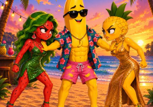 Eine anthropomorphe Banane hält eine ebenfalls menschliche Wassermelone und Ananas auseinander, die sich wütend anfunkeln. Die Szenerie ist an einem tropischen Strand, die Banane trägt Hawaiihemd und Surfshorts, die beiden anderen glitzernde Kleider.