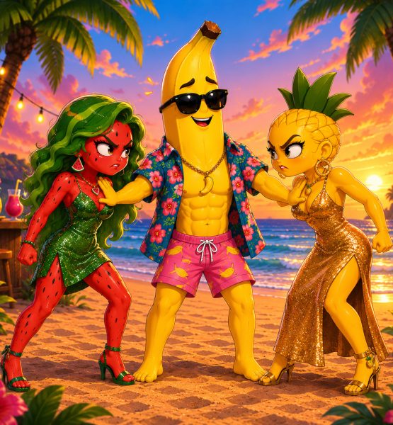 Eine anthropomorphe Banane hält eine ebenfalls menschliche Wassermelone und Ananas auseinander, die sich wütend anfunkeln. Die Szenerie ist an einem tropischen Strand, die Banane trägt Hawaiihemd und Surfshorts, die beiden anderen glitzernde Kleider.