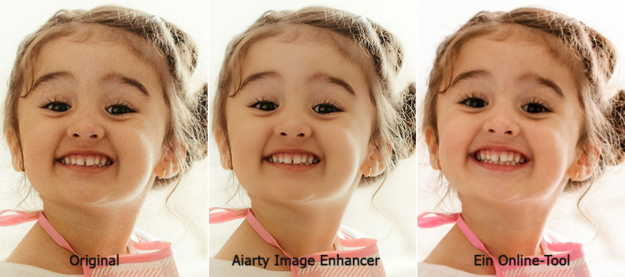 Bilderstrecke, welche das Originalbild und die Verbesserung über Aiarty Image Enhancer und einem Onlinetool im Vergleich zeigt.