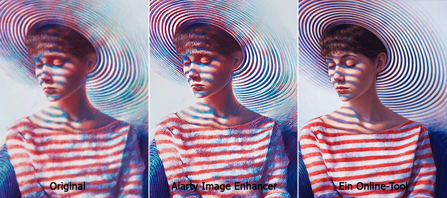 Bilderstrecke, welche das Originalbild und die Verbesserung über Aiarty Image Enhancer und einem Onlinetool im Vergleich zeigt.