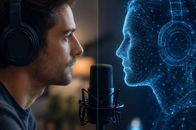 Eine echte Person und ein virtueller Avatar stehen sich an einem Podcast-Mikrofon gegenüber.