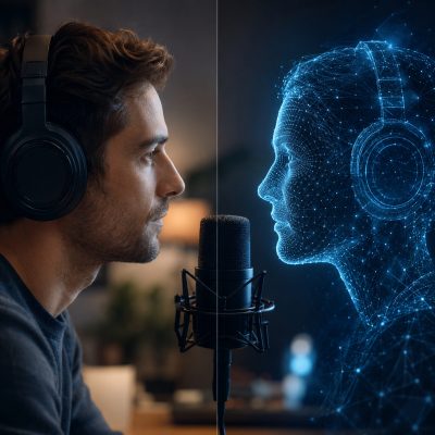 Eine echte Person und ein virtueller Avatar stehen sich an einem Podcast-Mikrofon gegenüber.