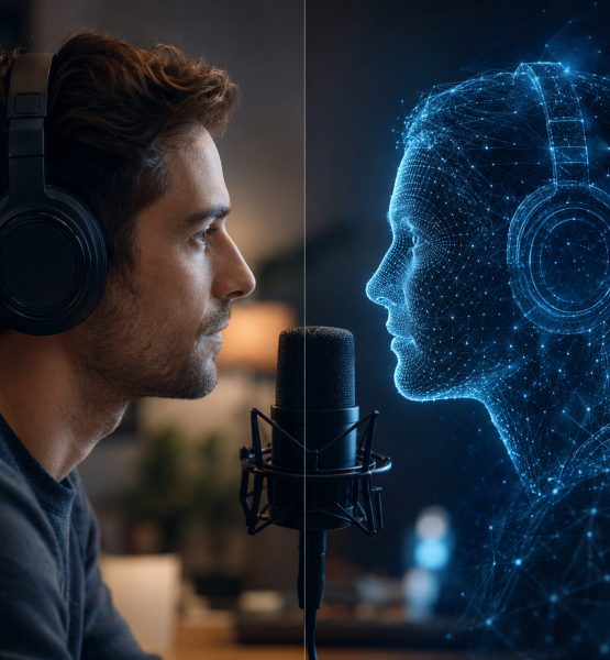 Eine echte Person und ein virtueller Avatar stehen sich an einem Podcast-Mikrofon gegenüber.