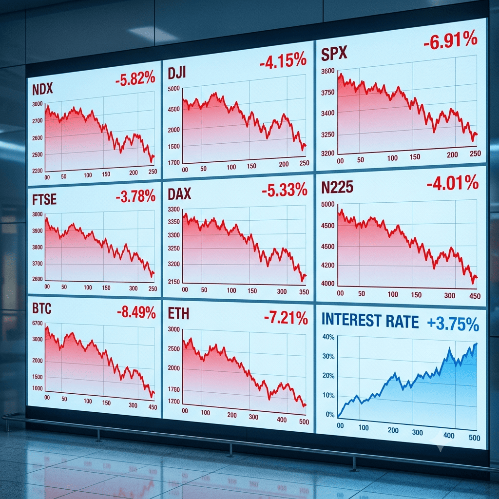 A realistic photo of a modern stock exchange digital display wall, showing multiple line charts of stock prices trending downward, with red percentage numbers next to each. In one corner of the same display, a smaller chart shows an interest rate line trending sharply upward, in blue. Clean financial dashboard aesthetic, no people, no text other than the chart numbers themselves. Cool blue and red color palette, soft ambient lighting reflecting off the glass screen. Square format 1:1 aspect ratio, output as PNG, file size under 1MB.