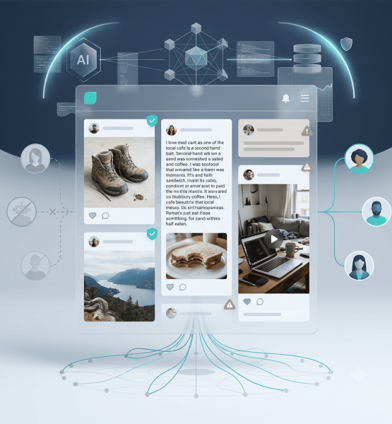 Erstelle ein quadratisches Artikelbild (Seitenverhältnis 1:1) für einen Beitrag über digitales Vertrauen, KI-gestützte Content-Moderation und authentische soziale Netzwerke. Szene: Eine moderne, minimalistische Benutzeroberfläche eines sozialen Netzwerks schwebt in einem abstrakten digitalen Raum. Im Zentrum steht ein transparenter Feed mit authentischen, unperfekten Inhalten: ehrliche Produktfotos, neutrale Bewertungen, kleine Gebrauchsspuren und realistische Alltagssituationen. Einige Beiträge enthalten dezente Warnsymbole oder Verifizierungsmarkierungen. Im Hintergrund analysiert eine abstrakte KI-Infrastruktur die Inhalte: feine Datenlinien, Netzwerkknoten, transparente Schutzschilde und subtile visuelle Elemente, die für Inhaltsprüfung, Vertrauenswürdigkeit und Governance stehen. Verdächtige Bot-Profile und manipulierte Inhalte werden durch ausgegraute Bereiche oder unterbrochene Verbindungen dargestellt. Die Bildsprache soll Vertrauen, Transparenz und digitale Sicherheit vermitteln – ohne Überwachung oder Bedrohung auszustrahlen. Der Fokus liegt auf dem Spannungsfeld zwischen menschlicher Authentizität und intelligenter Technologie. Stil: hochwertige digitale Illustration oder modernes 3D-Rendering, klar, reduziert und redaktionell. Farbpalette aus kühlen Blau-, Grau- und Weißtönen mit dezenten Akzenten in Türkis oder Grün für verifizierte Inhalte. Keine Menschen im Vordergrund, keine Markenlogos, keine Text- oder UI-Beschriftungen, keine überladenen Social-Media-Symbole. Technische Vorgaben: Format 1:1, hohe Detailschärfe, optimiert für Webnutzung, JPEG-Ausgabe mit einer maximalen Dateigröße von 1 MB.