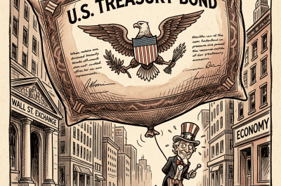 A satirical editorial cartoon in the style of classic American political caricature. A massive, overinflated balloon shaped like a giant US Treasury bond document floats precariously over Wall Street, stretched so thin the printed text and eagle seal are visibly distorted. A tiny anxious Uncle Sam figure stands below, holding a single pin behind his back while nervously smiling up at the balloon. Exaggerated proportions, bold ink outlines, warm sepia and red-white-blue color scheme, crosshatch shading typical of newspaper editorial cartoons. Square format 1:1 aspect ratio, output as PNG, low res.