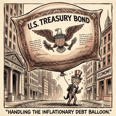 A satirical editorial cartoon in the style of classic American political caricature. A massive, overinflated balloon shaped like a giant US Treasury bond document floats precariously over Wall Street, stretched so thin the printed text and eagle seal are visibly distorted. A tiny anxious Uncle Sam figure stands below, holding a single pin behind his back while nervously smiling up at the balloon. Exaggerated proportions, bold ink outlines, warm sepia and red-white-blue color scheme, crosshatch shading typical of newspaper editorial cartoons. Square format 1:1 aspect ratio, output as PNG, low res.