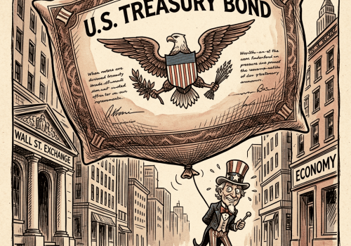 A satirical editorial cartoon in the style of classic American political caricature. A massive, overinflated balloon shaped like a giant US Treasury bond document floats precariously over Wall Street, stretched so thin the printed text and eagle seal are visibly distorted. A tiny anxious Uncle Sam figure stands below, holding a single pin behind his back while nervously smiling up at the balloon. Exaggerated proportions, bold ink outlines, warm sepia and red-white-blue color scheme, crosshatch shading typical of newspaper editorial cartoons. Square format 1:1 aspect ratio, output as PNG, low res.