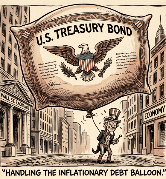 A satirical editorial cartoon in the style of classic American political caricature. A massive, overinflated balloon shaped like a giant US Treasury bond document floats precariously over Wall Street, stretched so thin the printed text and eagle seal are visibly distorted. A tiny anxious Uncle Sam figure stands below, holding a single pin behind his back while nervously smiling up at the balloon. Exaggerated proportions, bold ink outlines, warm sepia and red-white-blue color scheme, crosshatch shading typical of newspaper editorial cartoons. Square format 1:1 aspect ratio, output as PNG, low res.