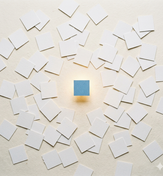 Dozens of identical small white squares are scattered randomly across a warm off-white surface — like physical index cards thrown on a desk. Each one casts a faint shadow. In the middle of the frame, one single Blue square glows faintly gold, slightly elevated above the rest, as if magnetically lifted. No text, no screens, no cables, no digital elements whatsoever. The mood is quiet, almost still-life. Shot from directly above, flat lay perspective, soft diffused daylight. Square format 1:1 aspect ratio, output as JPEG, file size under 1MB.