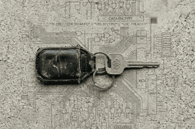 > A single car key with a worn leather fob lies on a plain concrete surface. Around it, faint data strings and subtle grid lines are etched directly into the concrete like engravings — barely visible, as if the surface itself holds information. No screens, no glowing interfaces, no dramatic lighting. The mood is understated and documentary. Natural overcast daylight, shot from directly above. Square format 1:1 aspect ratio, output as JPEG at high quality, file size under 1MB.