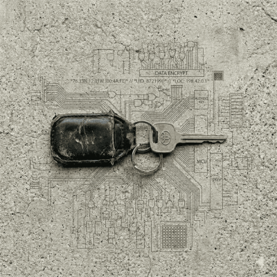 > A single car key with a worn leather fob lies on a plain concrete surface. Around it, faint data strings and subtle grid lines are etched directly into the concrete like engravings — barely visible, as if the surface itself holds information. No screens, no glowing interfaces, no dramatic lighting. The mood is understated and documentary. Natural overcast daylight, shot from directly above. Square format 1:1 aspect ratio, output as JPEG at high quality, file size under 1MB.